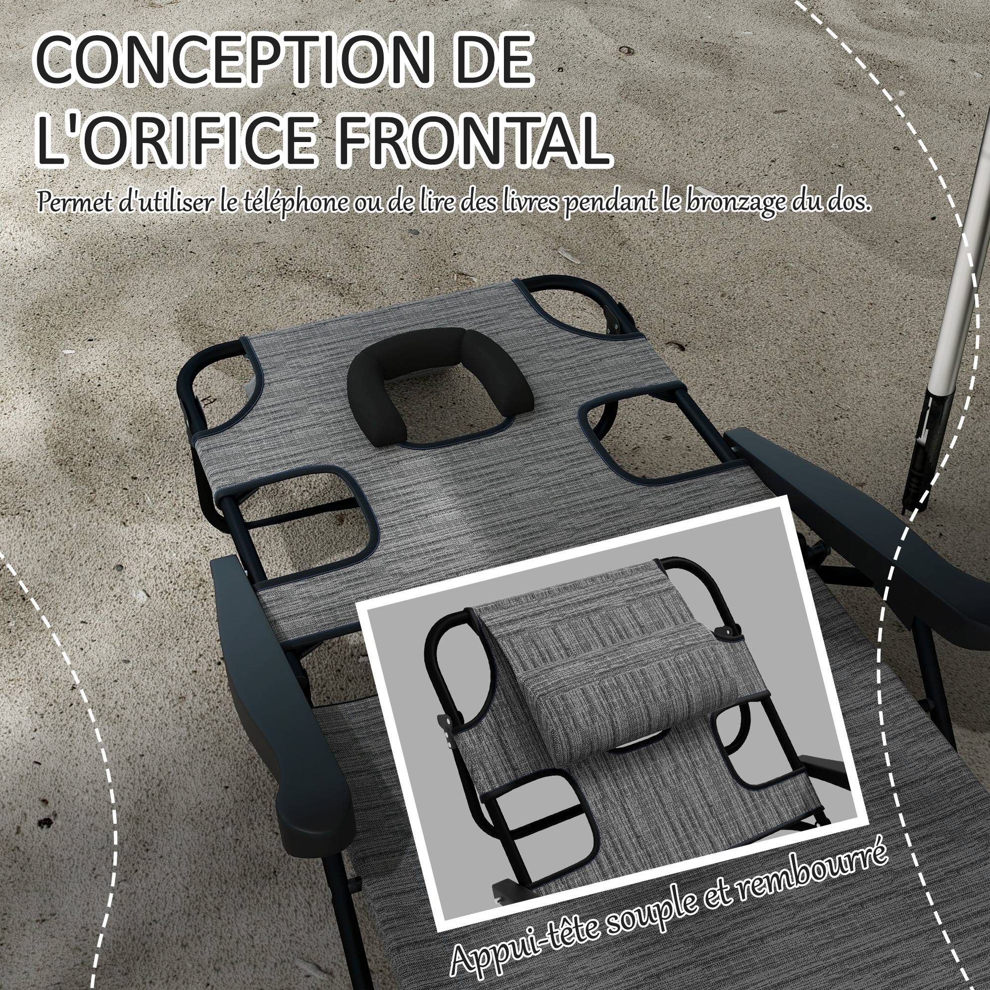 Outsunny - Bain de soleil transat pliable inclinable - coussins, espace tête - acier noir polyester gris chiné - Outsunny - Imagen 3