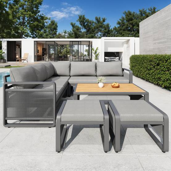 Set de mobilier de jardin 6-7 places avec canapé d'angle et table en métal gris - PANGIVO - Image 5