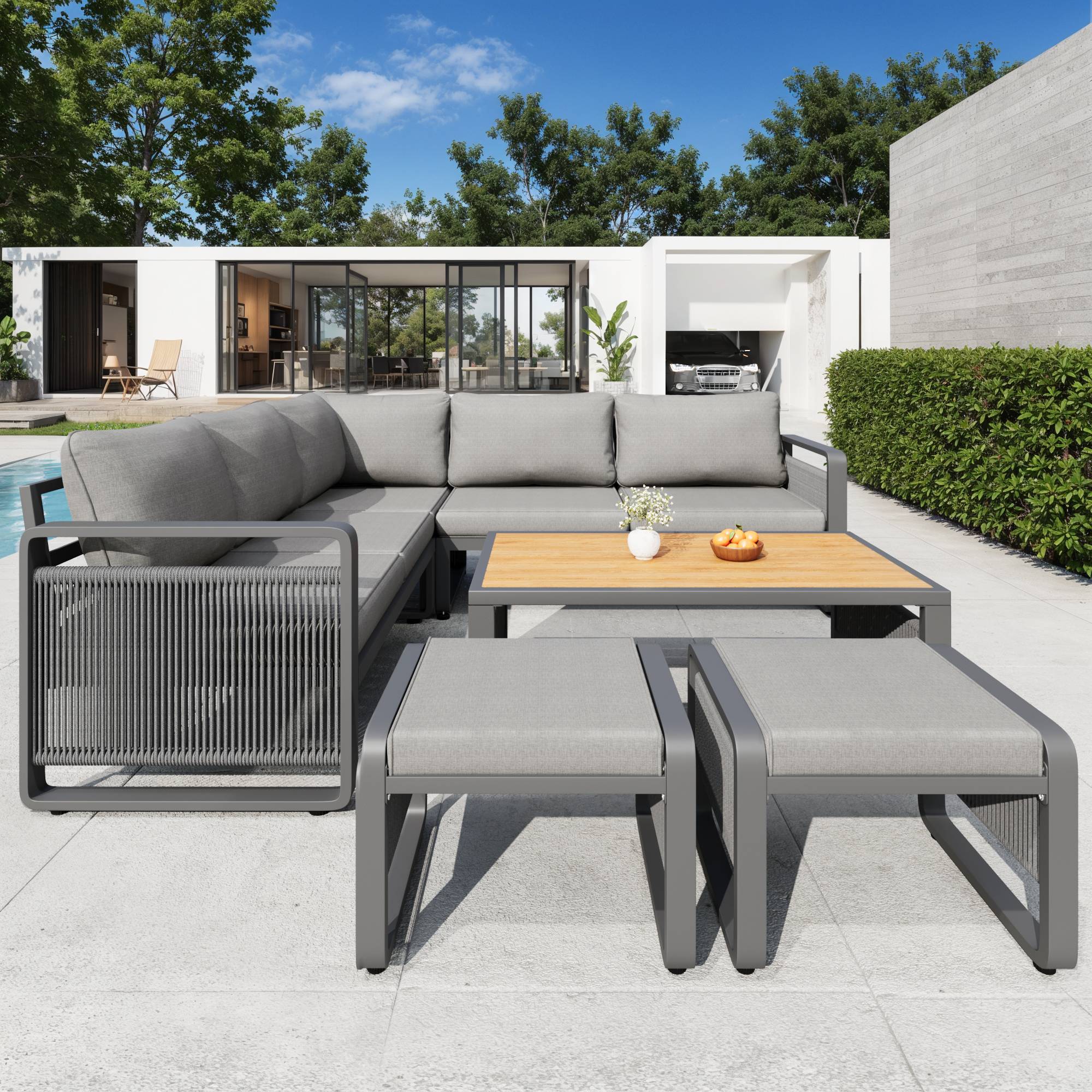 Set de mobilier de jardin 6-7 places avec canapé d'angle et table en métal gris - PANGIVO - Image 5