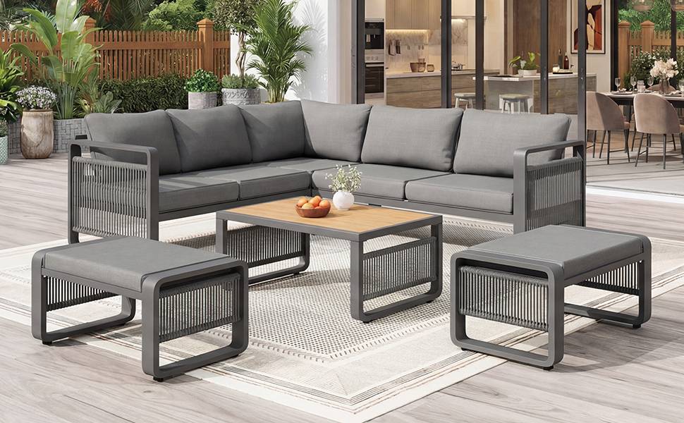 Set de mobilier de jardin 6-7 places avec canapé d'angle et table en métal gris - PANGIVO - Image 6