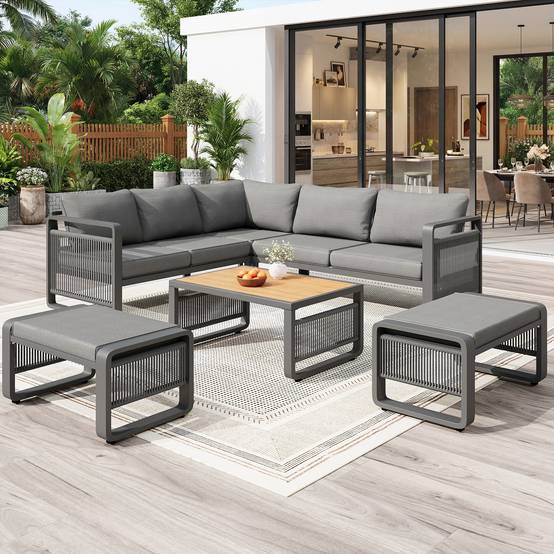 Set de mobilier de jardin 6-7 places avec canapé d'angle et table en métal gris - PANGIVO - Image 2