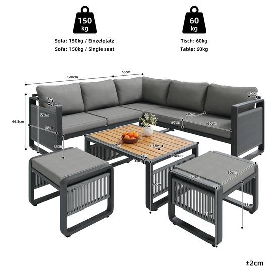 Set de mobilier de jardin 6-7 places avec canapé d'angle et table en métal gris - PANGIVO - Image 7