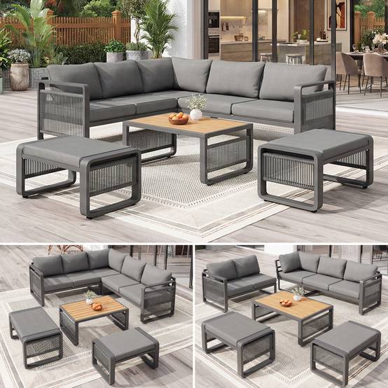 Set de mobilier de jardin 6-7 places avec canapé d'angle et table en métal gris - PANGIVO - Image 1