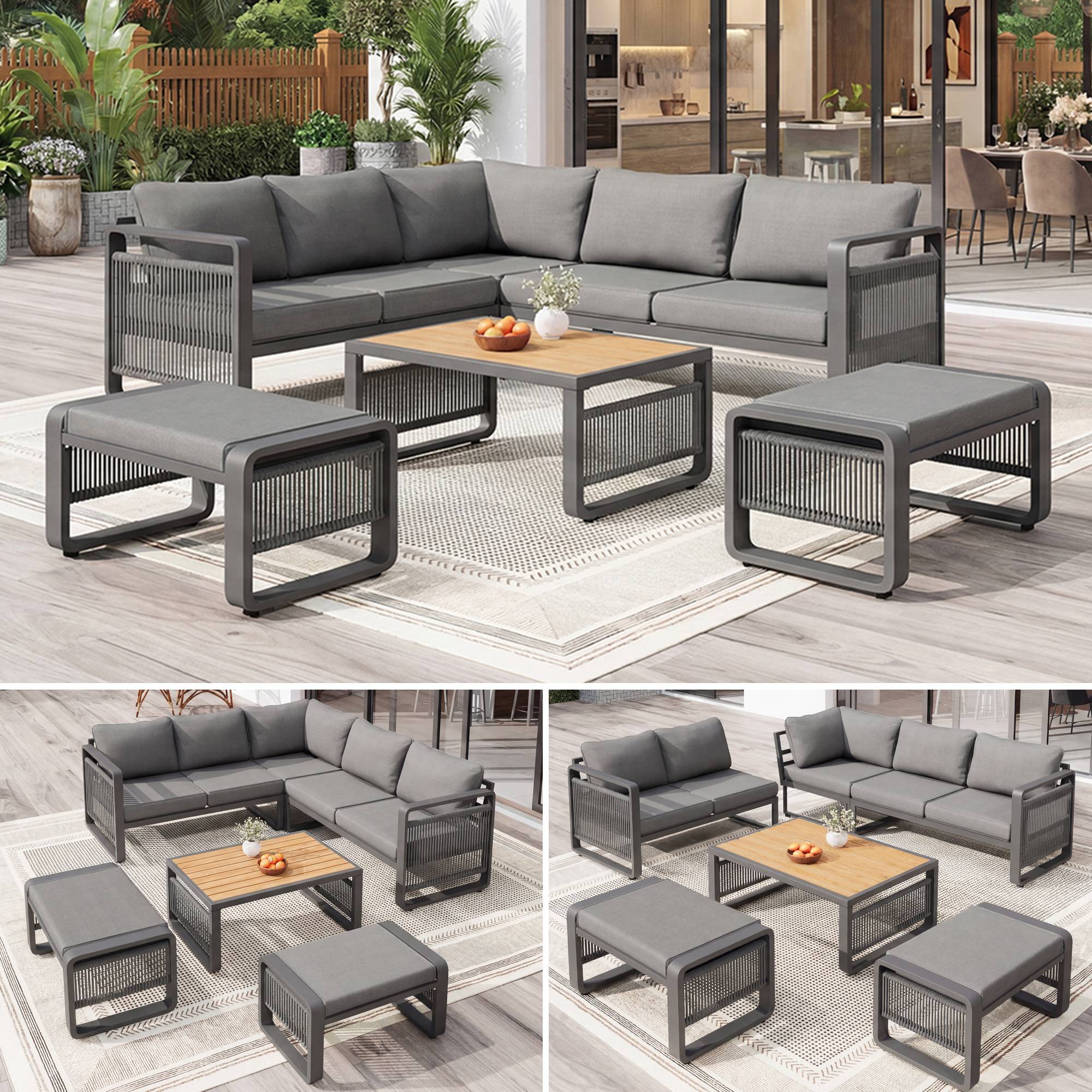 Set de mobilier de jardin 6-7 places avec canapé d'angle et table en métal gris - PANGIVO - Image 1
