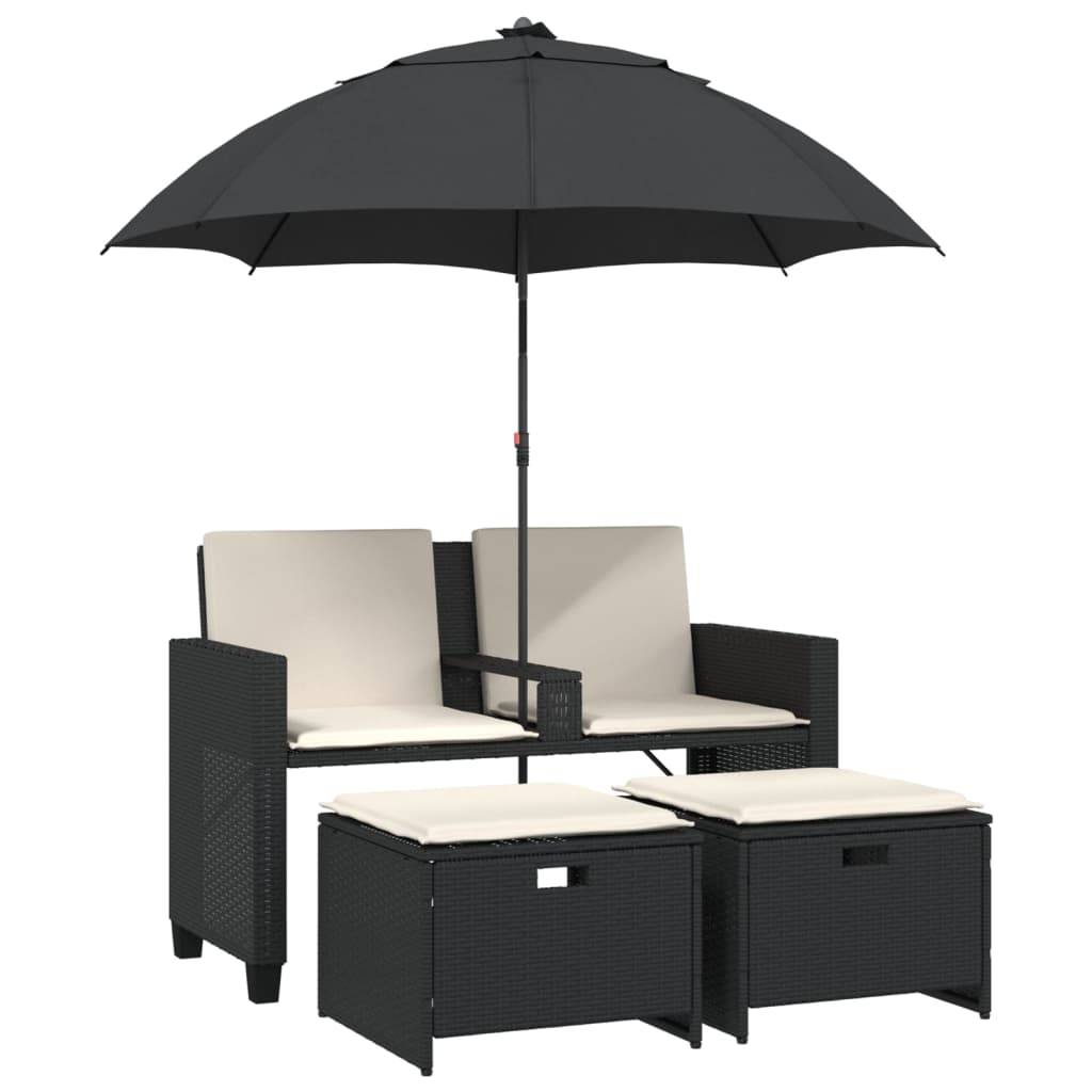 ComfortXL - Canapé de Jardin 2 Places Résine Tressée avec Parasol Inclinable et Tabourets – Noir – ComfortXL Outdoor Living - Image 2