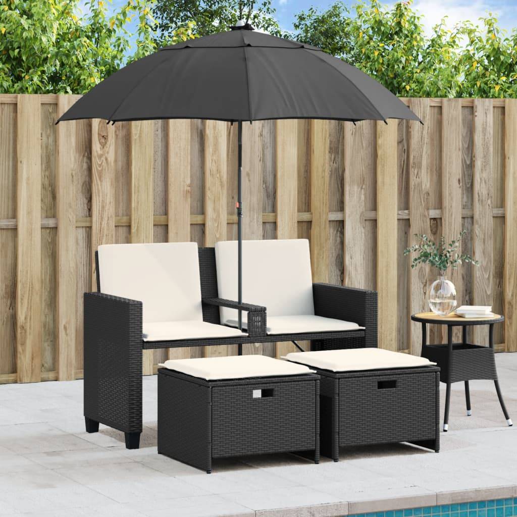 ComfortXL - Canapé de Jardin 2 Places Résine Tressée avec Parasol Inclinable et Tabourets – Noir – ComfortXL Outdoor Living - Image 3