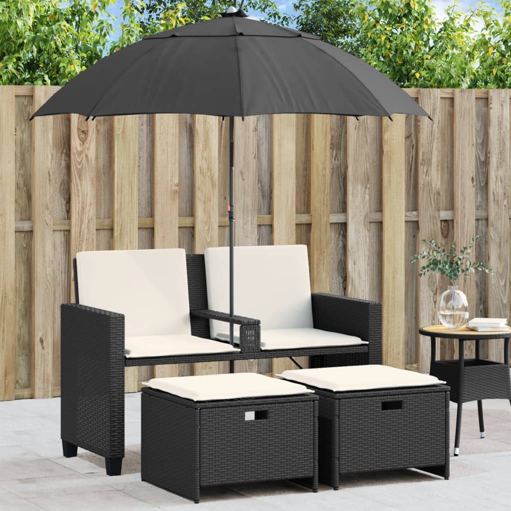 ComfortXL - Canapé de Jardin 2 Places Résine Tressée avec Parasol Inclinable et Tabourets – Noir – ComfortXL Outdoor Living - Image 1