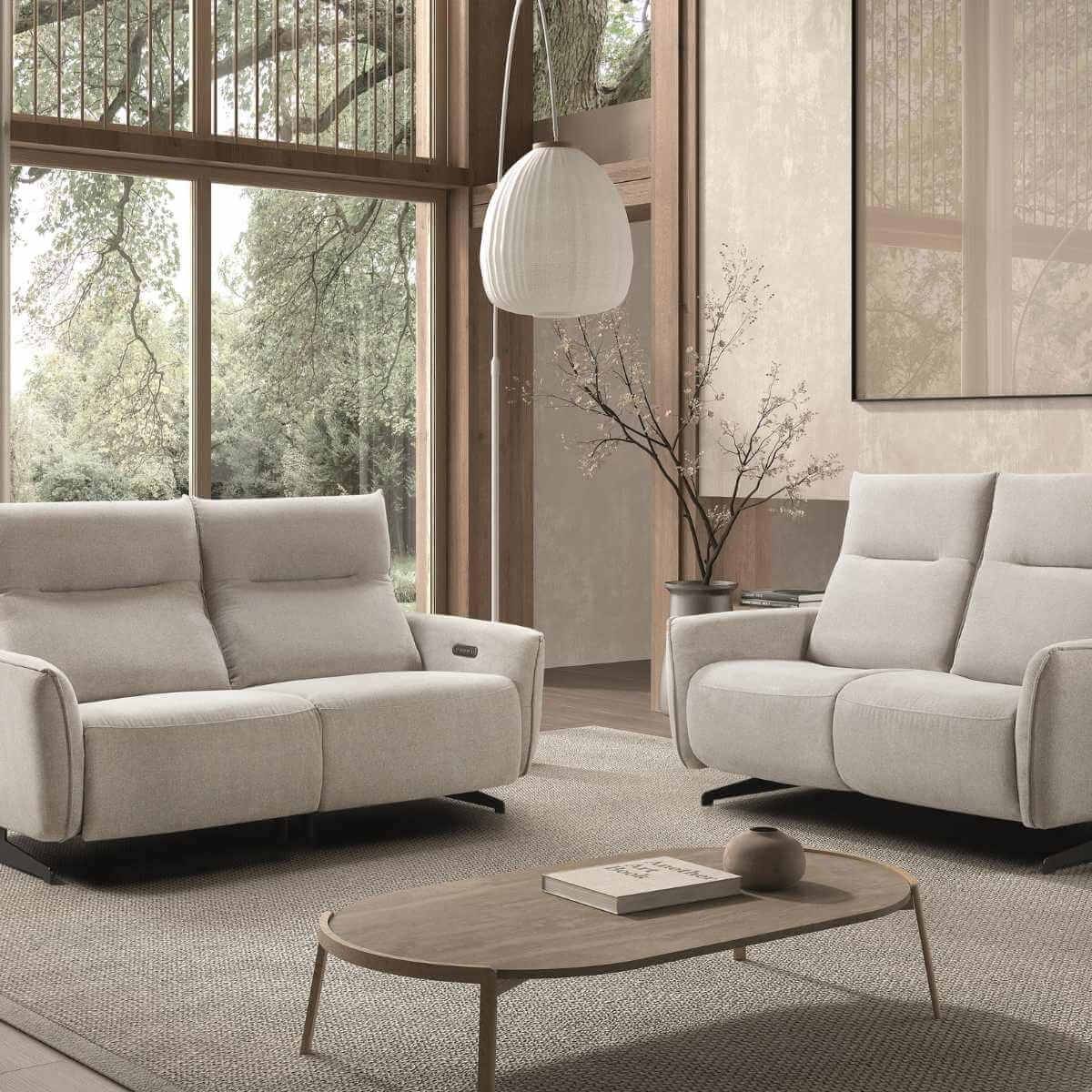 Ensemble Canapé relax électrique + canapé fixe tissu polyester gris - MIRAMAR - Image 1