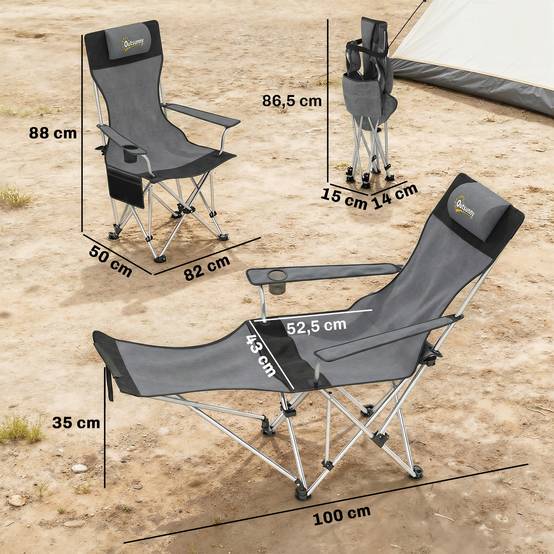 Lot de 2 chaises de camping pliantes tissu Oxford gris 150 x 84 x 75 cm - PANGIVO - Image 5