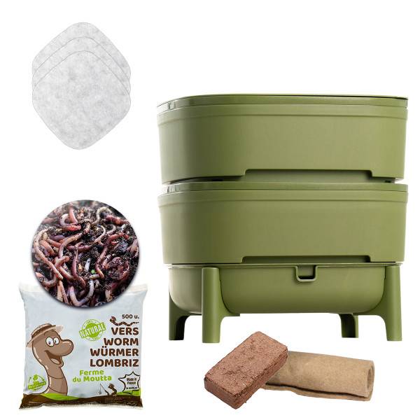 WORMcube Vert Design & Compact I Lombricomposteur 2 plateaux + 500gr de Vers - Image 1