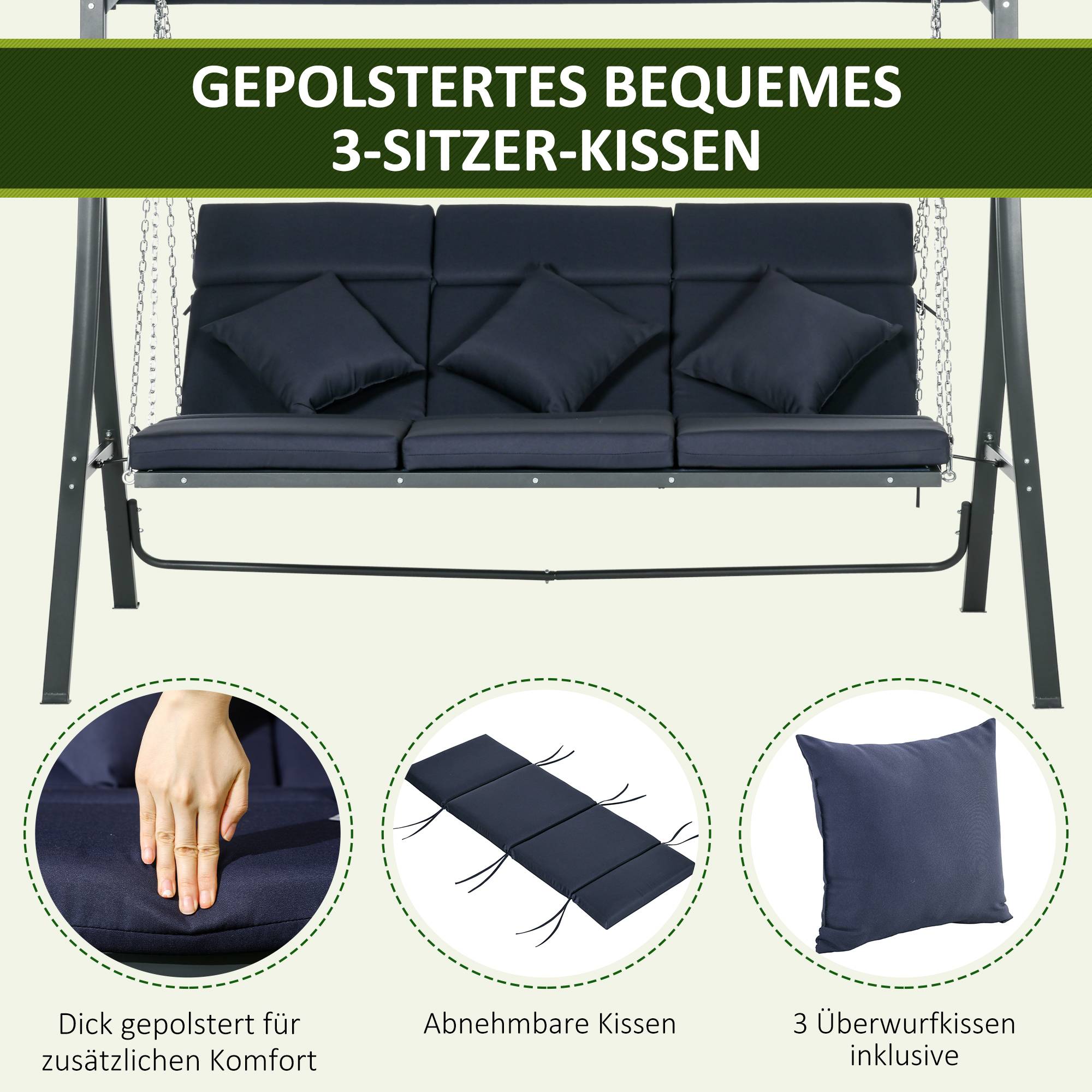 Balancelle de jardin 3 places acier extérieur toit réglable anti-UV 198x118cm bleu - ComfortXL Outdoor Living - Image 9