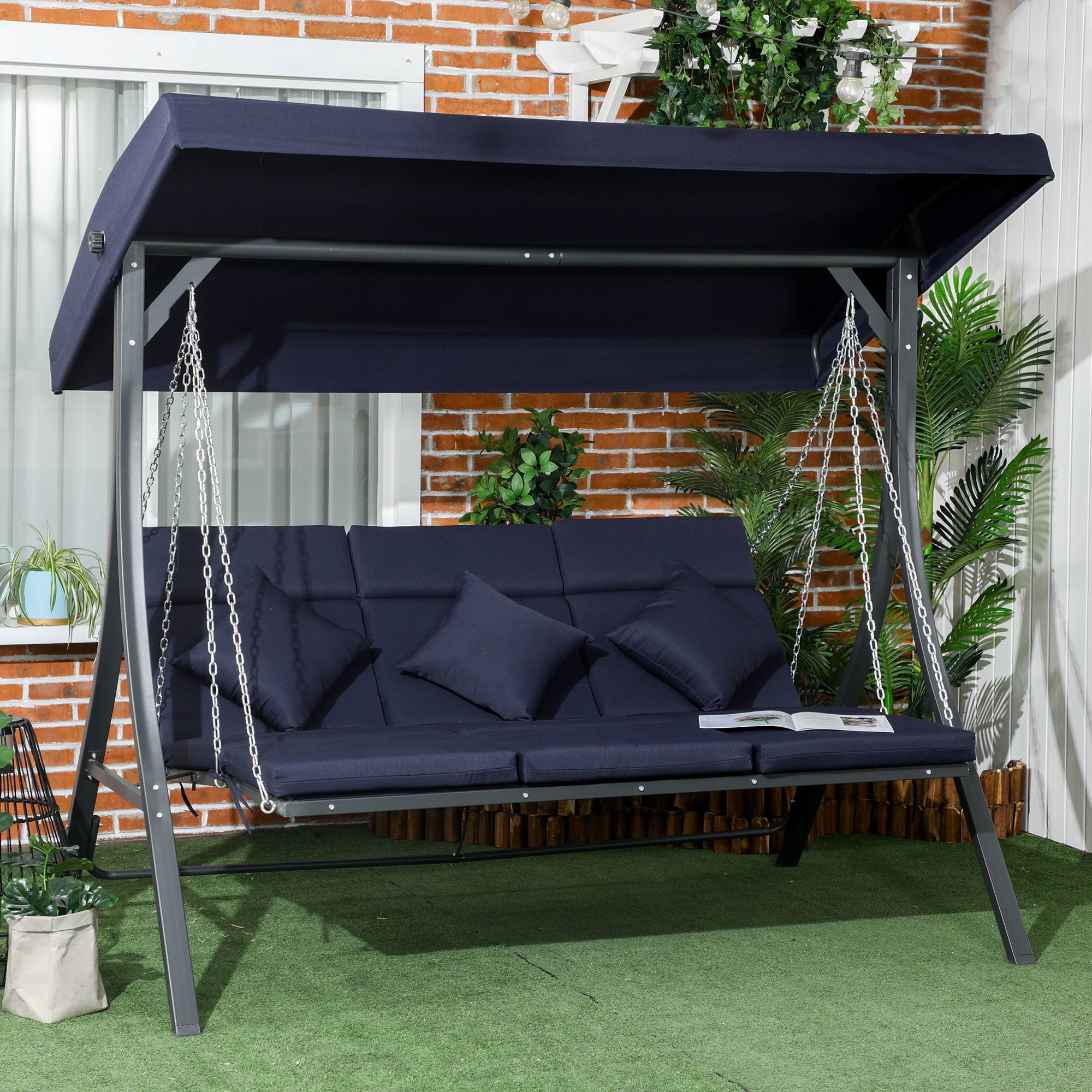 Balancelle de jardin 3 places acier extérieur toit réglable anti-UV 198x118cm bleu - ComfortXL Outdoor Living - Image 3