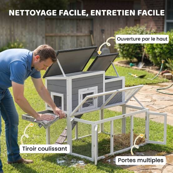 Sans Marque - Clapier Lapin Extérieur en Bois Cage à Lapin Intérieur Double Toit Ouvrant Imperméable 2 Niveaux avec Enclos Gris - Image 8