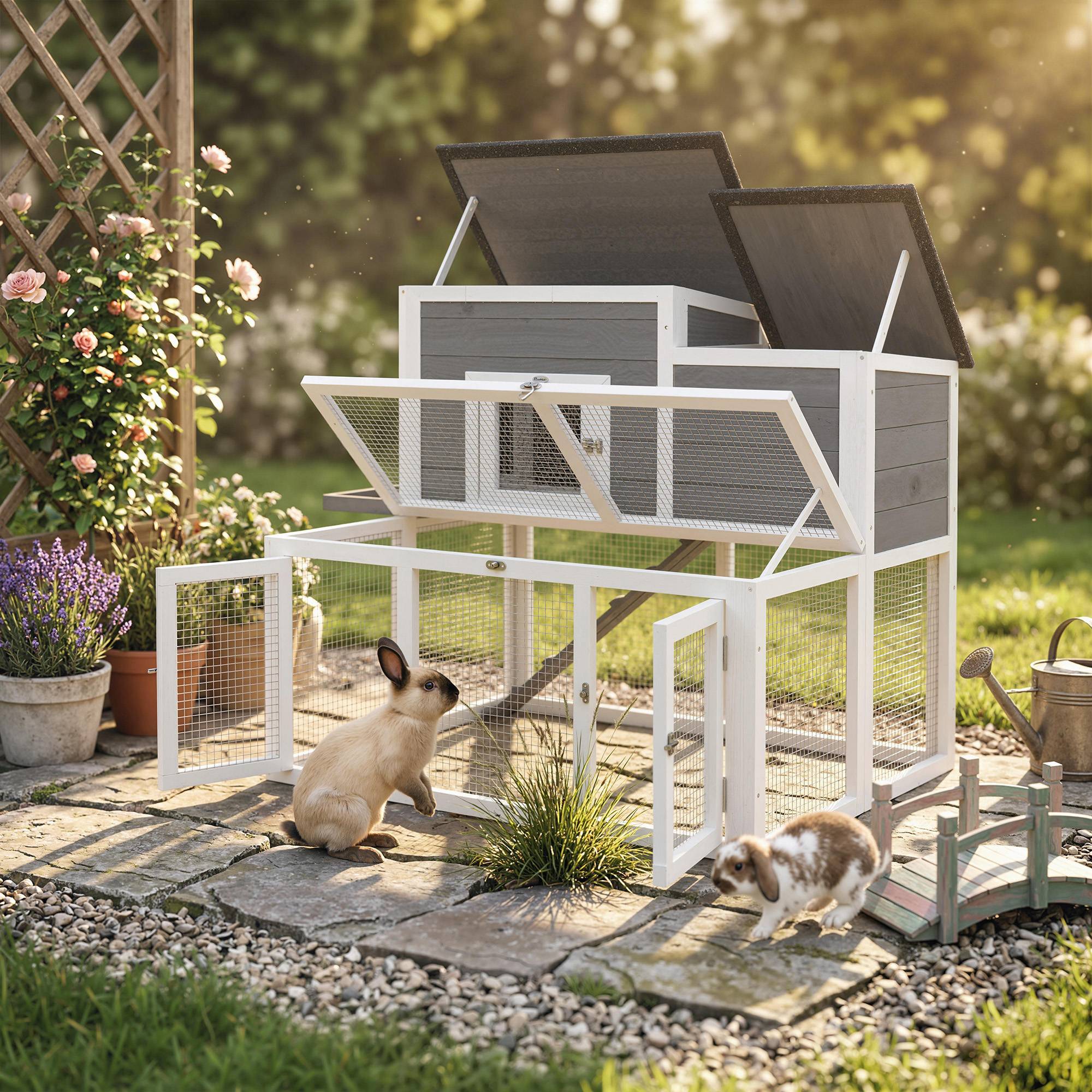 Sans Marque - Clapier Lapin Extérieur en Bois Cage à Lapin Intérieur Double Toit Ouvrant Imperméable 2 Niveaux avec Enclos Gris - Image 10
