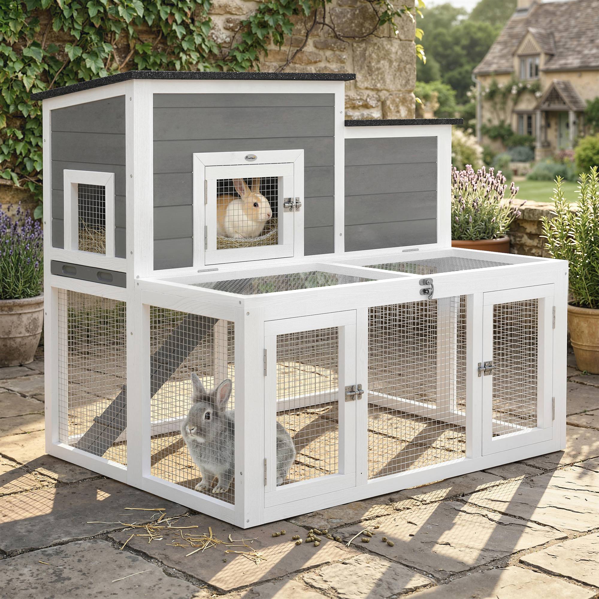 Sans Marque - Clapier Lapin Extérieur en Bois Cage à Lapin Intérieur Double Toit Ouvrant Imperméable 2 Niveaux avec Enclos Gris - Image 4