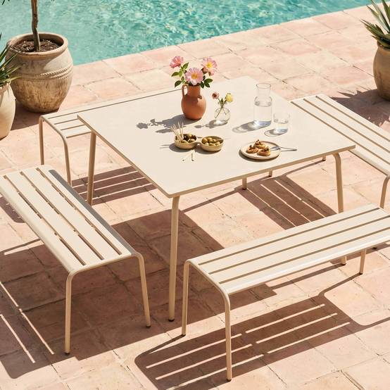 Oviala - Ensemble table de jardin carrée et 4 bancs en métal ivoire Palavas - Oviala - Imagen 3