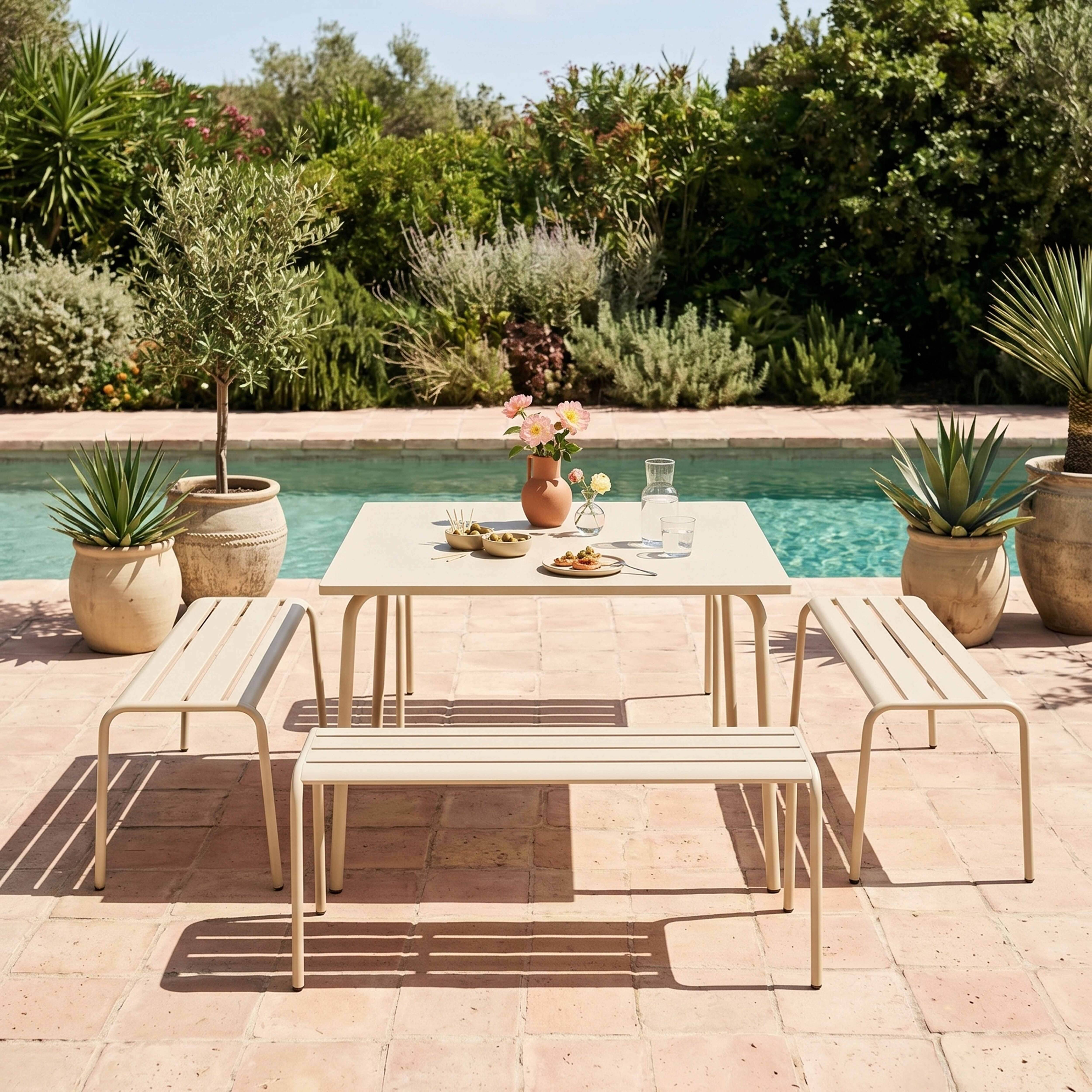 Oviala - Ensemble table de jardin carrée et 4 bancs en métal ivoire Palavas - Oviala - Imagen 2