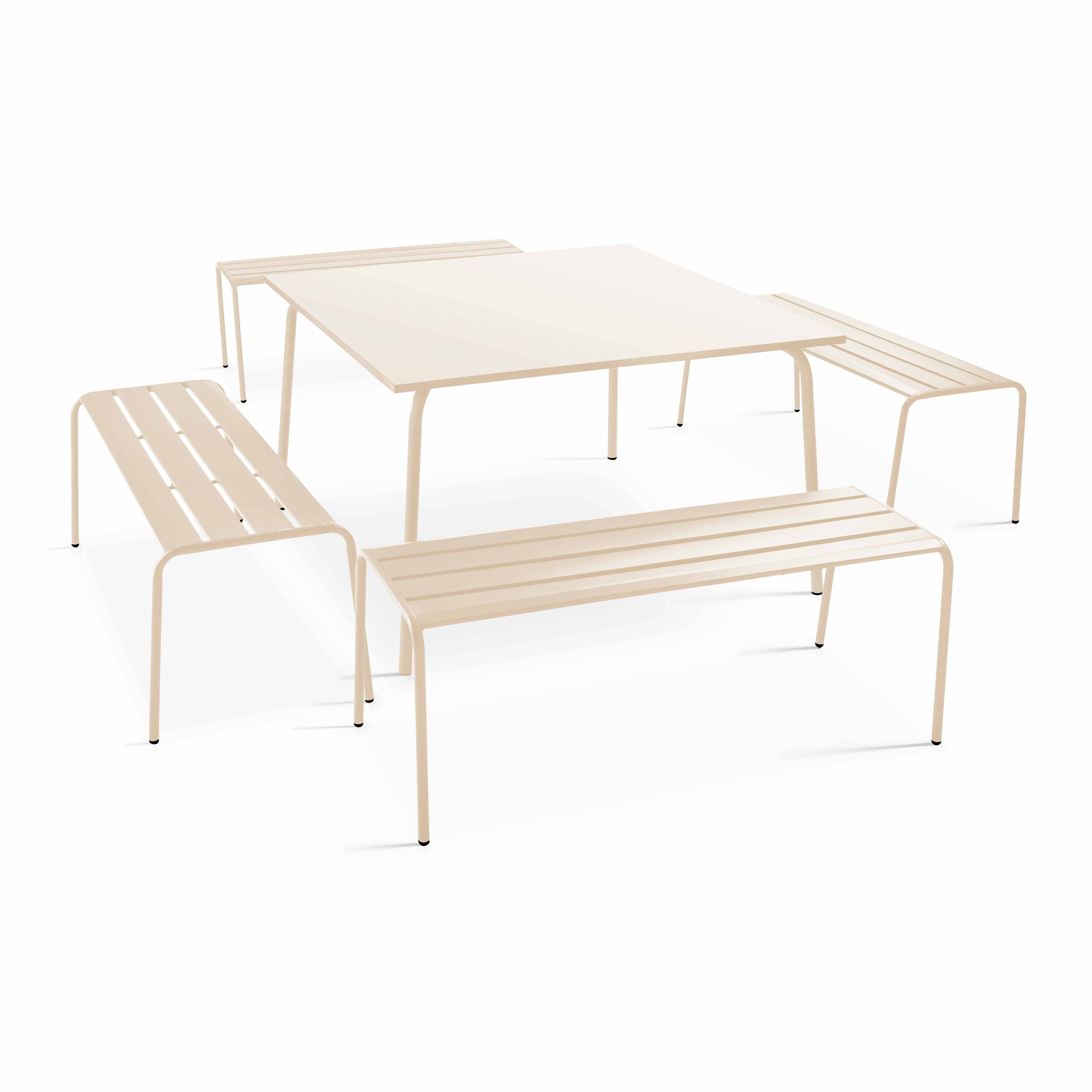 Oviala - Ensemble table de jardin carrée et 4 bancs en métal ivoire Palavas - Oviala - Imagen 1
