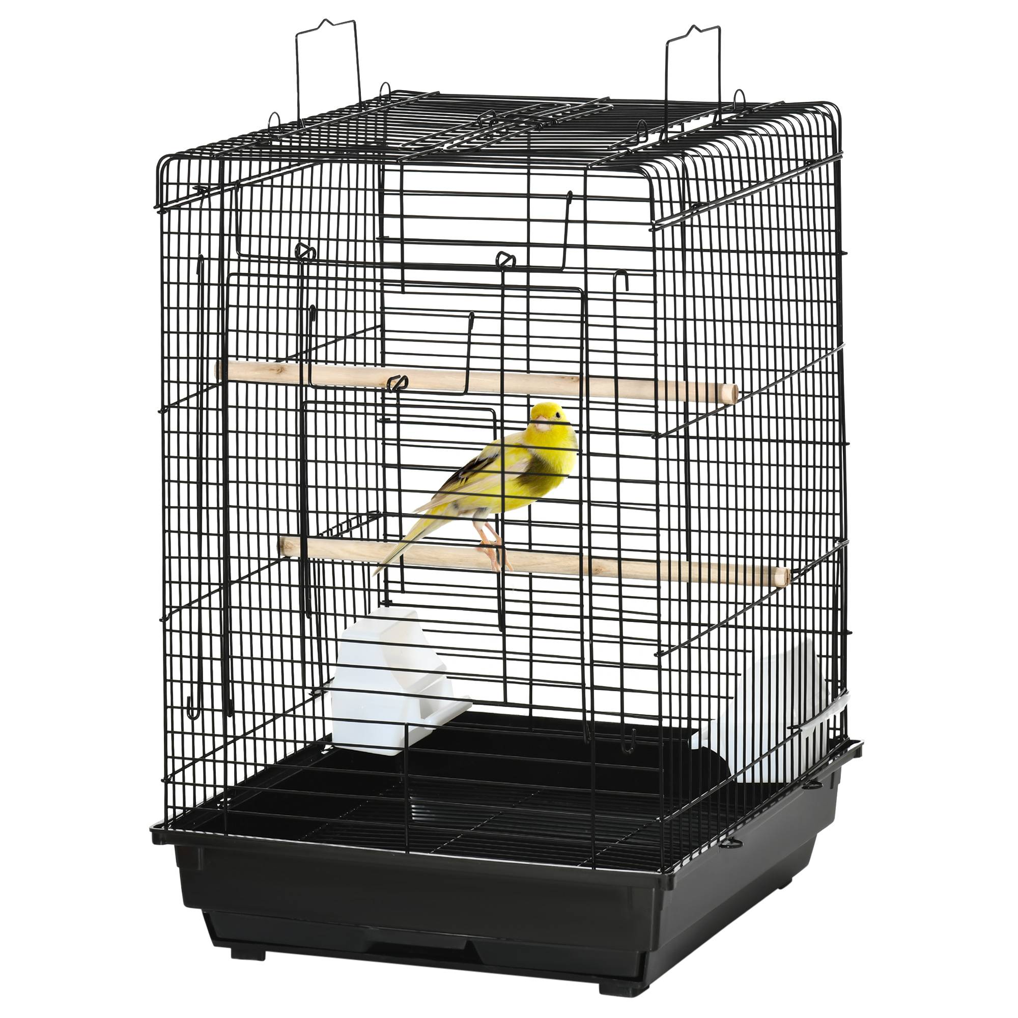 Cage à oiseaux en métal avec mangeoires perchoirs plateau amovible poignée dim. 40L x 40l x 59H cm noir - Image 2