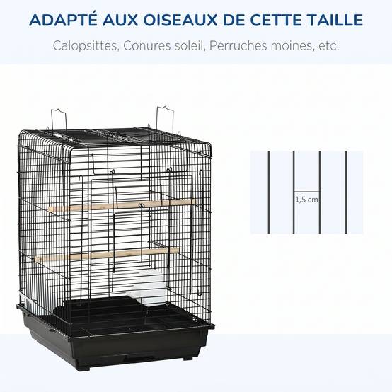 Cage à oiseaux en métal avec mangeoires perchoirs plateau amovible poignée dim. 40L x 40l x 59H cm noir - Image 6
