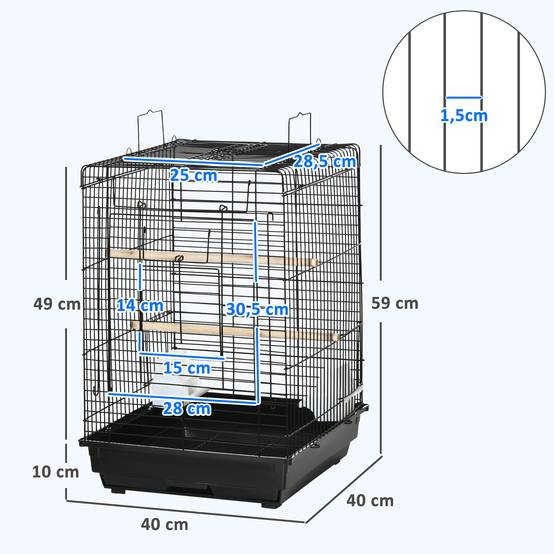 Cage à oiseaux en métal avec mangeoires perchoirs plateau amovible poignée dim. 40L x 40l x 59H cm noir - Image 5