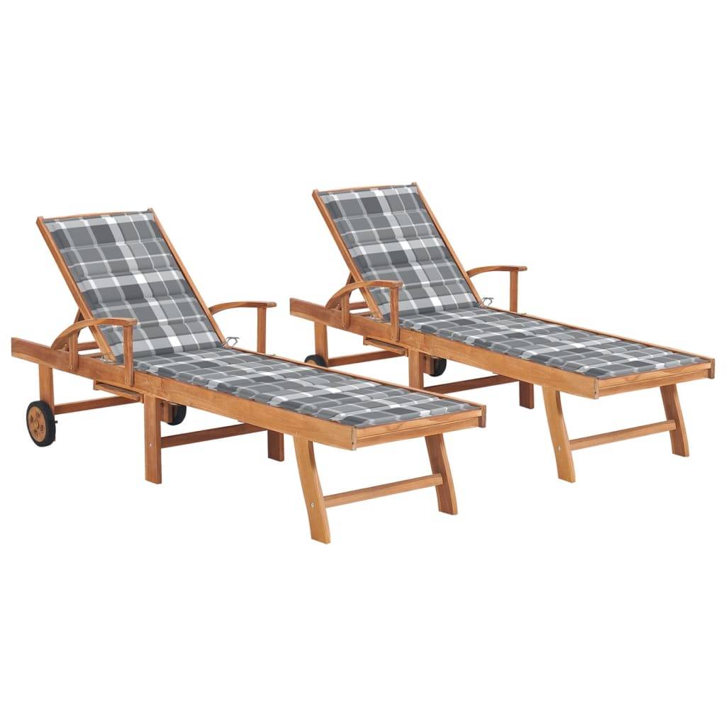 Helloshop26 - Lot de 2 transats chaise longue bain de soleil lit de jardin terrasse meuble d'extérieur avec coussin carreaux gris teck solide - Imagen 1