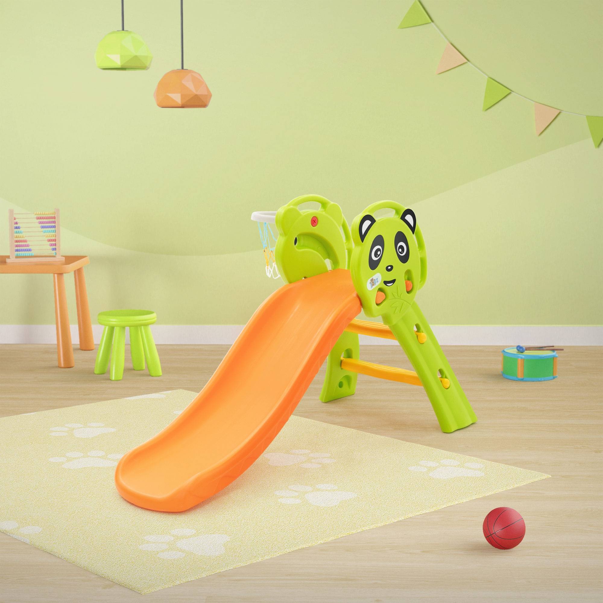 Toboggan 8-en-1 Pour Enfant Avec Panier De Basket, Rangement Intégré Et échelle Antidérapante – Gris Rose, Intérieur/extérieur