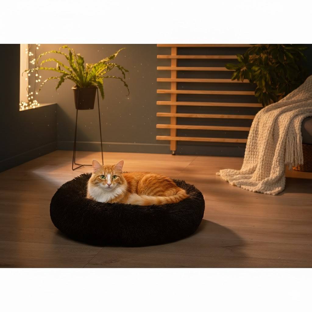 Coussin rond chat ou chien 25 x 55 cm fluffy noir - Image 2