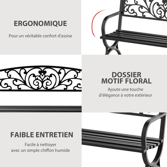 Banc de jardin terrasse en acier fonte noir 3 places 127 x 60 x 85 cm charge max 240 Kg - Image 7