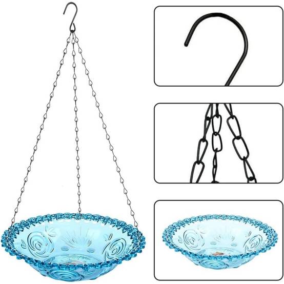 Mangeoire et bain d'oiseaux-suspendu - Plateau plastique transparent - Chaînes métalliques stables - 23,5 x 40 cm - Living123 - Image 3