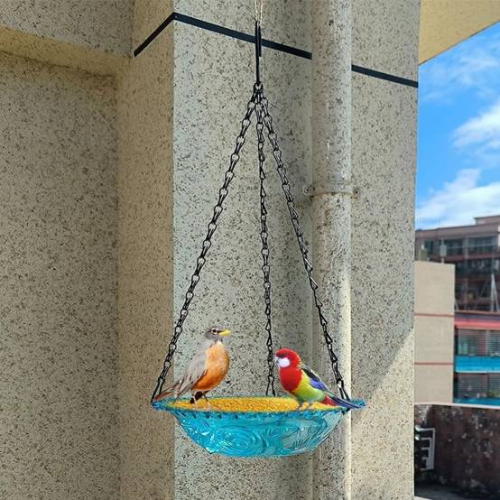 Mangeoire et bain d'oiseaux-suspendu - Plateau plastique transparent - Chaînes métalliques stables - 23,5 x 40 cm - Living123 - Image 7