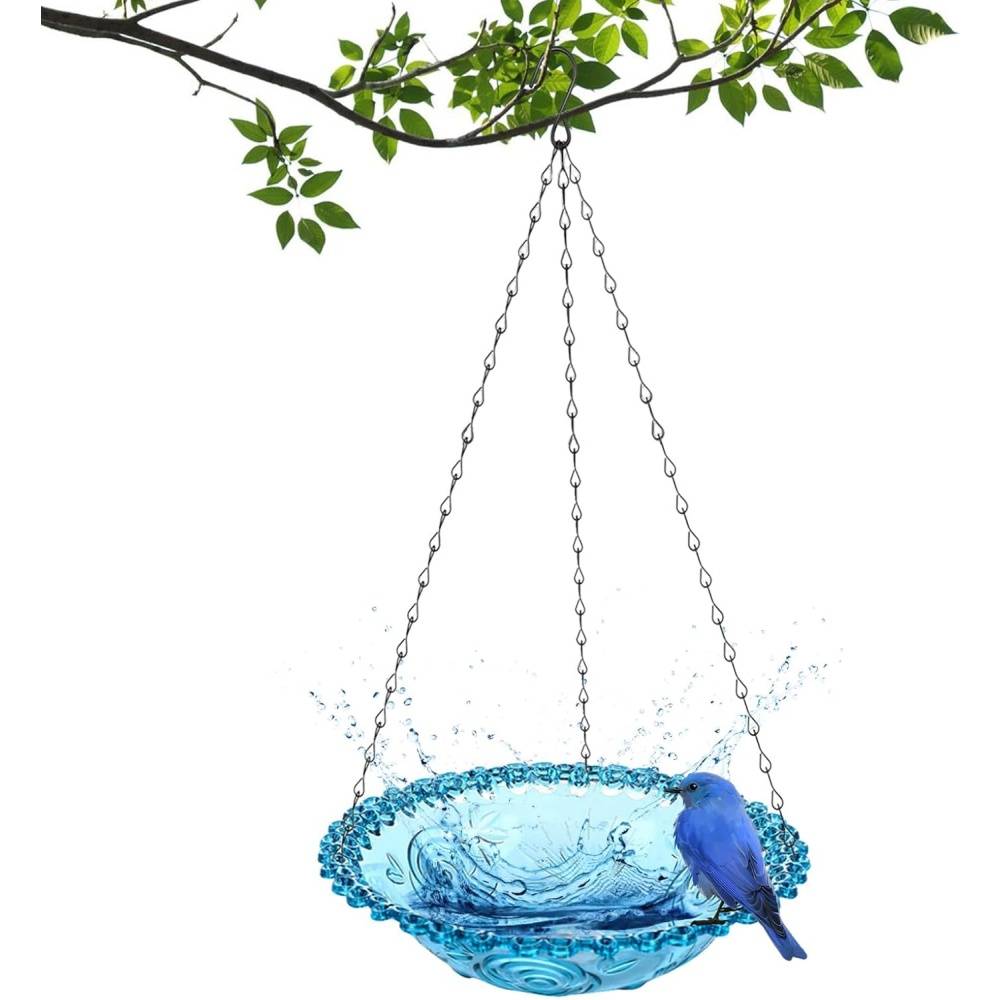 Mangeoire et bain d'oiseaux-suspendu - Plateau plastique transparent - Chaînes métalliques stables - 23,5 x 40 cm - Living123