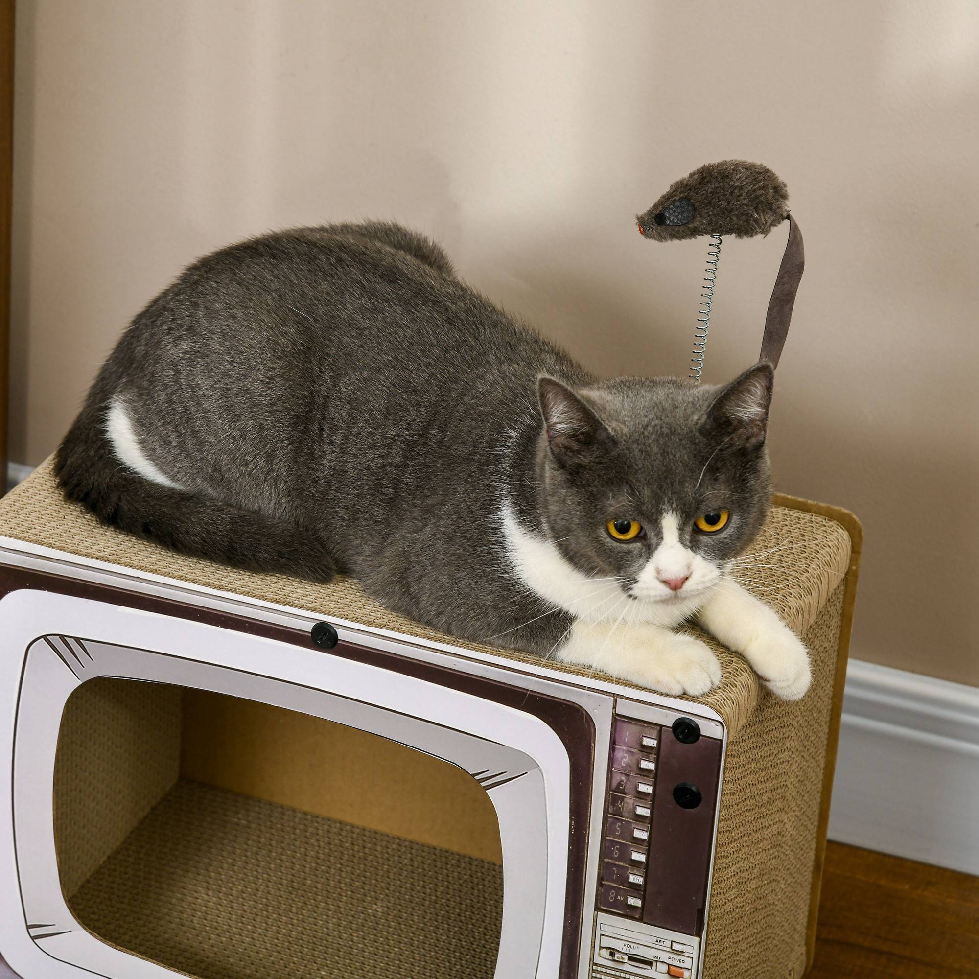 Maison Griffoir pour Chat en Carton Forme TV avec Souris et Herbe à Chat Sable - ComfortXL Outdoor Living - Image 9