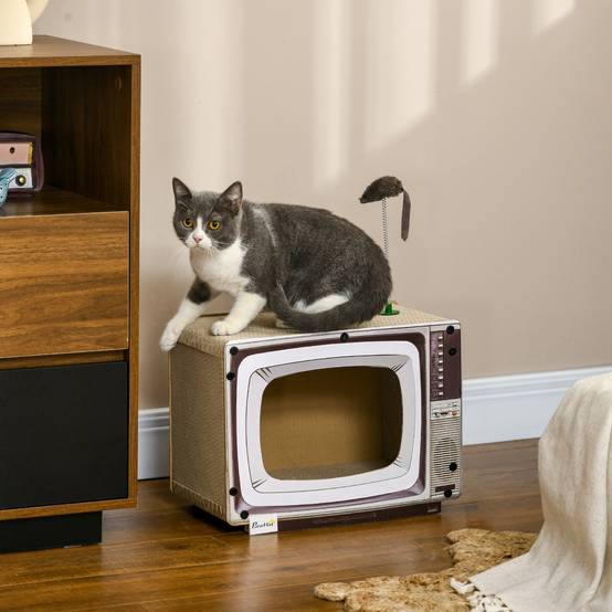 Maison Griffoir pour Chat en Carton Forme TV avec Souris et Herbe à Chat Sable - ComfortXL Outdoor Living - Image 4
