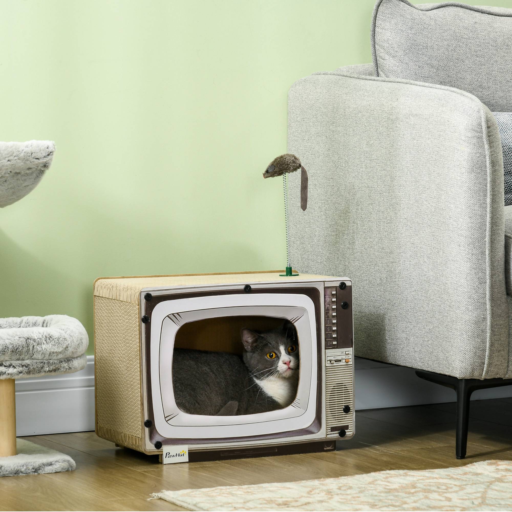 Maison Griffoir pour Chat en Carton Forme TV avec Souris et Herbe à Chat Sable - ComfortXL Outdoor Living - Image 3