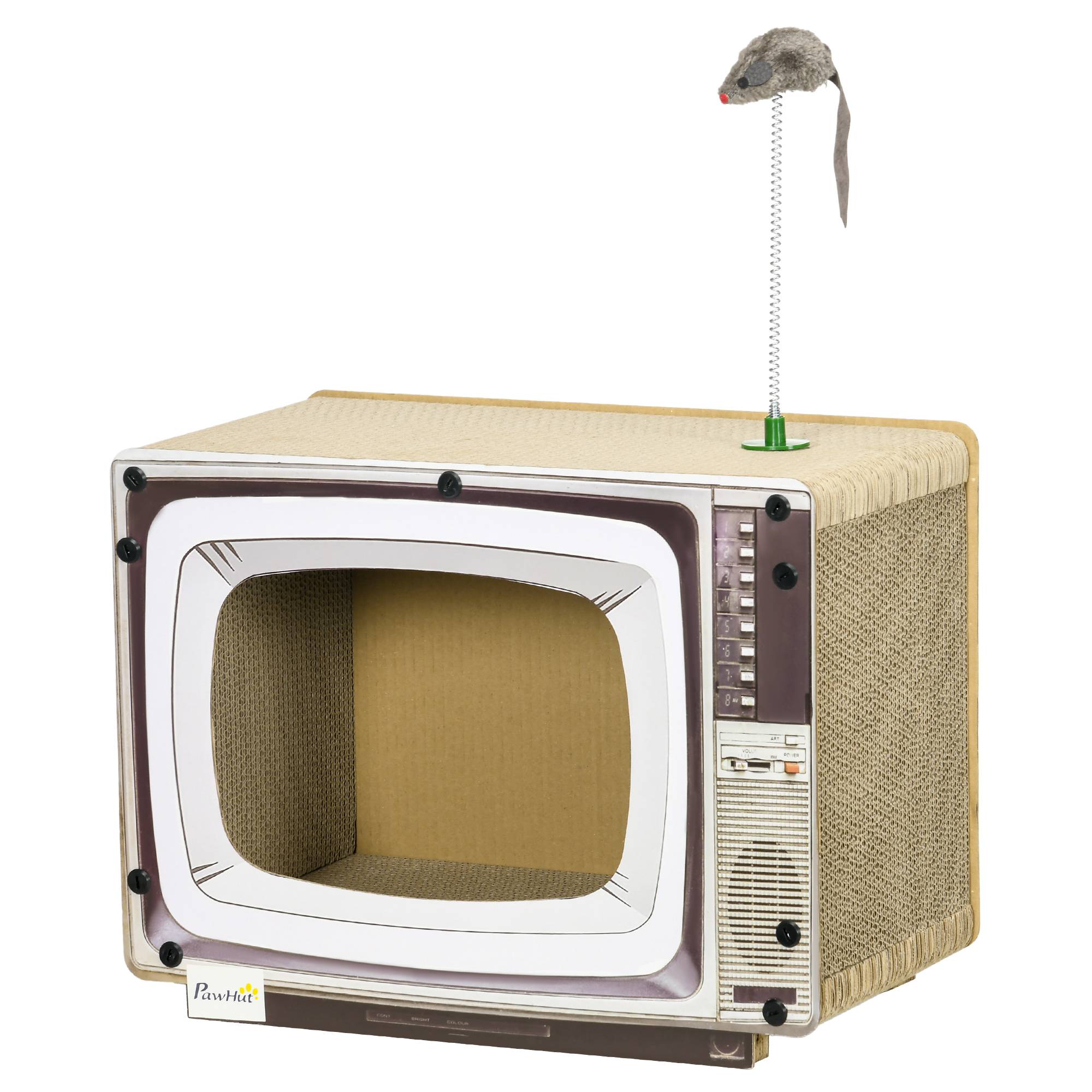 Maison Griffoir pour Chat en Carton Forme TV avec Souris et Herbe à Chat Sable - ComfortXL Outdoor Living - Image 2