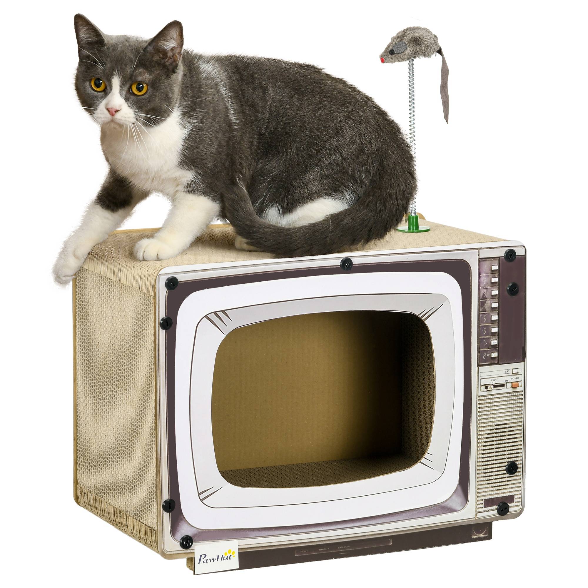 Maison Griffoir pour Chat en Carton Forme TV avec Souris et Herbe à Chat Sable - ComfortXL Outdoor Living - Image 1