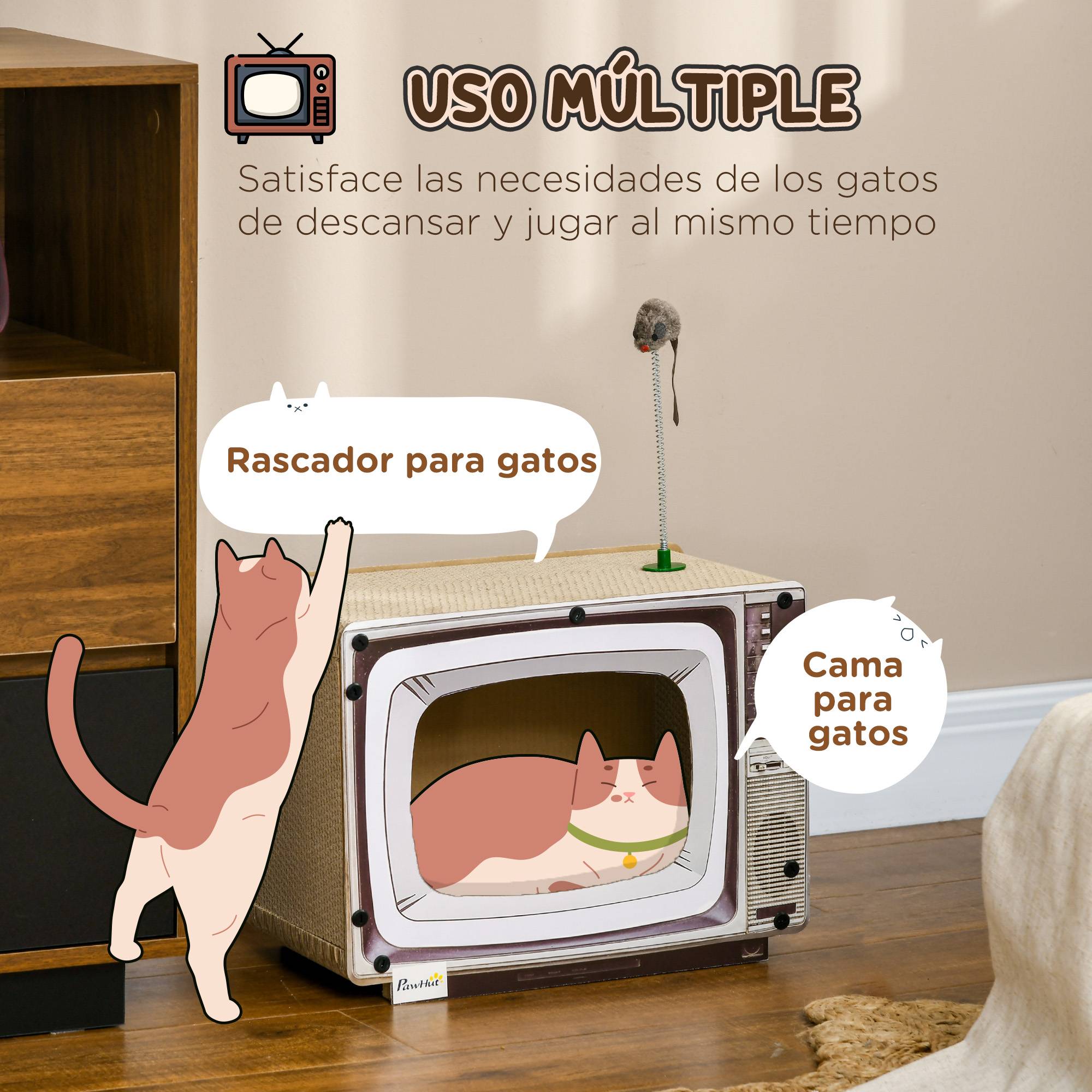 Maison Griffoir pour Chat en Carton Forme TV avec Souris et Herbe à Chat Sable - ComfortXL Outdoor Living - Image 6