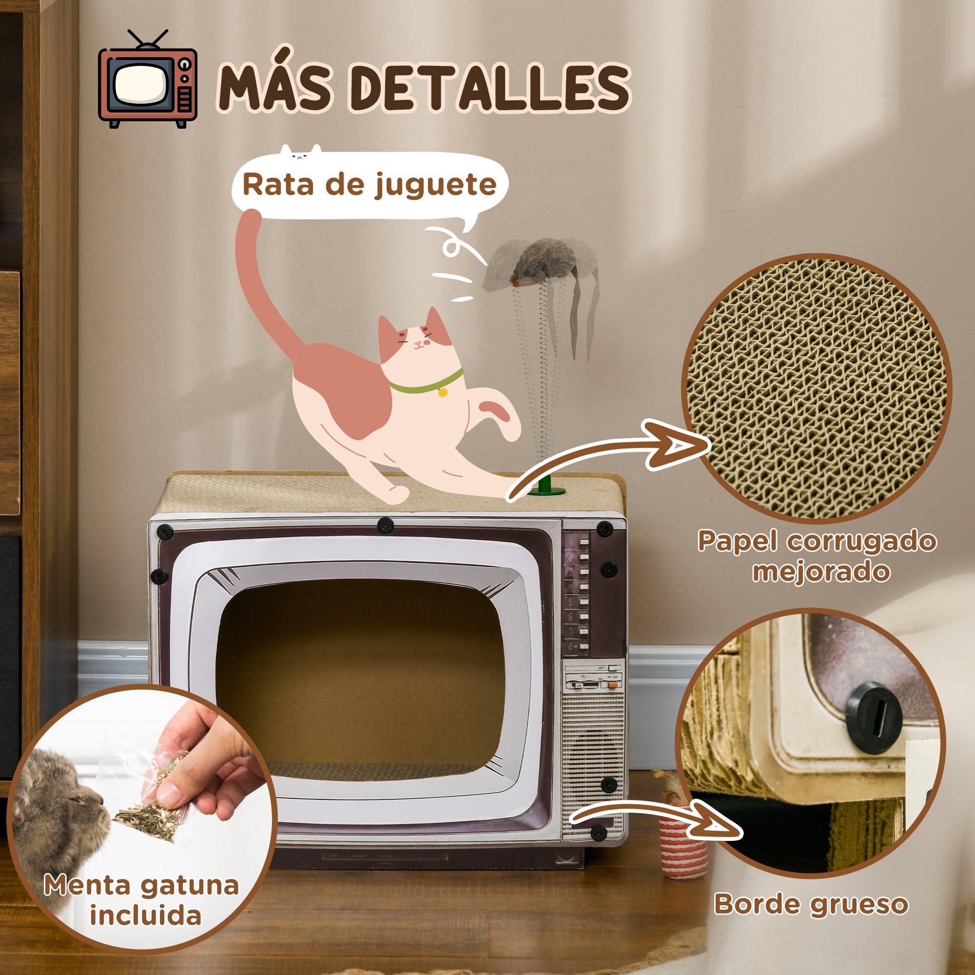 Maison Griffoir pour Chat en Carton Forme TV avec Souris et Herbe à Chat Sable - ComfortXL Outdoor Living - Image 7