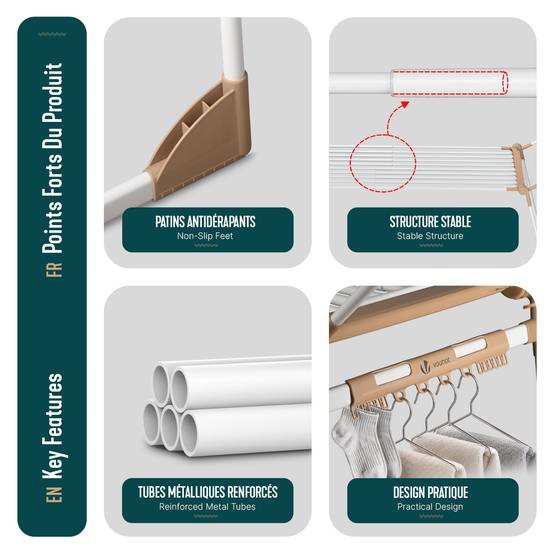 Vounot - Étendoir à linge extensible pliable métal renforcée 284x55x122cm, Séchoir télescopique grande capacité, Blanc, VOUNOT® - Image 6