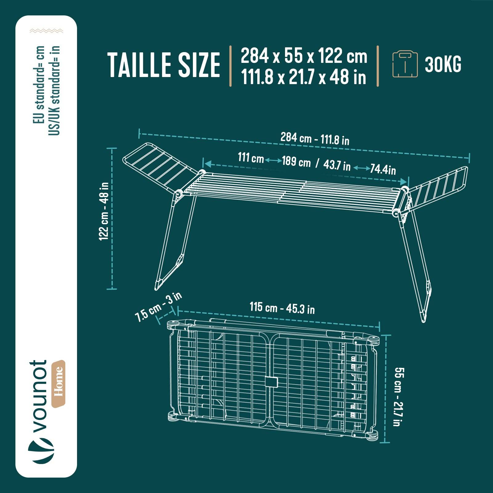 Vounot - Étendoir à linge extensible pliable métal renforcée 284x55x122cm, Séchoir télescopique grande capacité, Blanc, VOUNOT® - Image 3