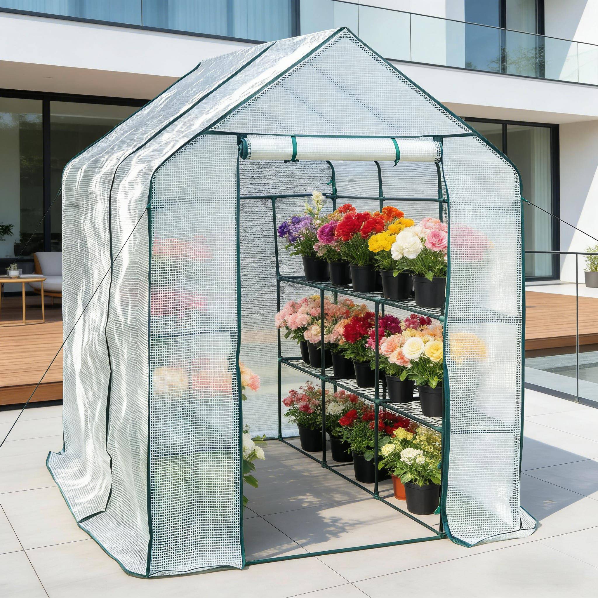Serre de Jardin PE et Acier pour Tomates et Légumes Porte Zippée 143x215x195cm Blanc - ComfortXL Outdoor Living - Image 4