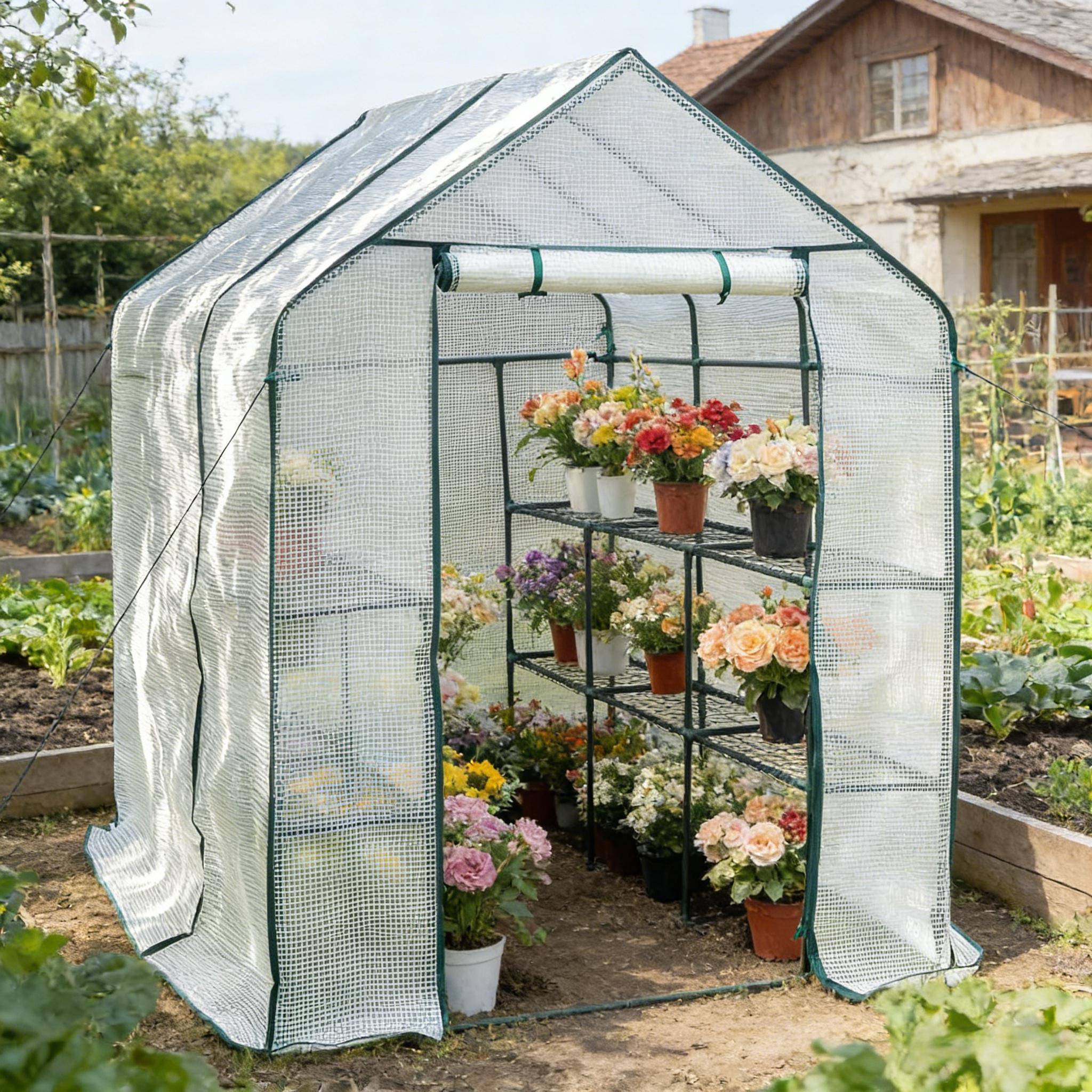 Serre de Jardin PE et Acier pour Tomates et Légumes Porte Zippée 143x215x195cm Blanc - ComfortXL Outdoor Living - Image 5