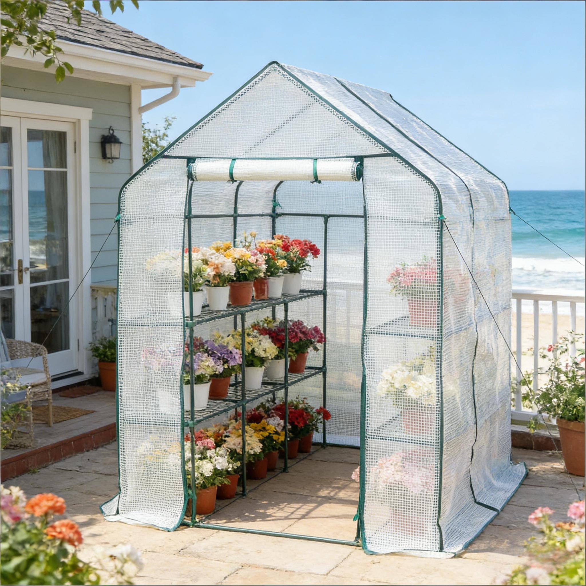 Serre de Jardin PE et Acier pour Tomates et Légumes Porte Zippée 143x215x195cm Blanc - ComfortXL Outdoor Living - Image 1