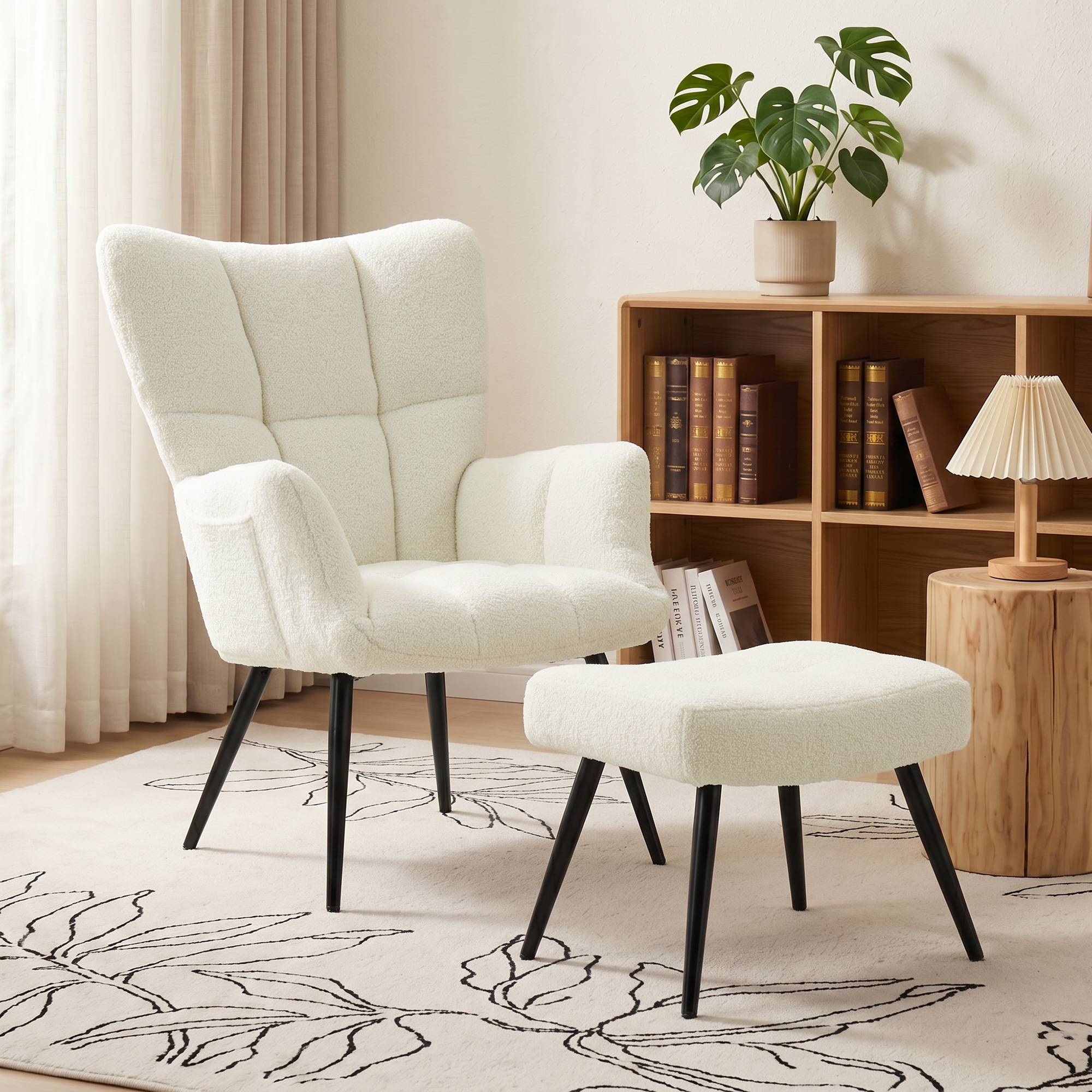Fauteuil de Salon avec Repose-Pied, Fauteuil d'Appoint Capitonné en Peluche Teddy, Dossier Haut, Poches Latérales, Beige - Image 3