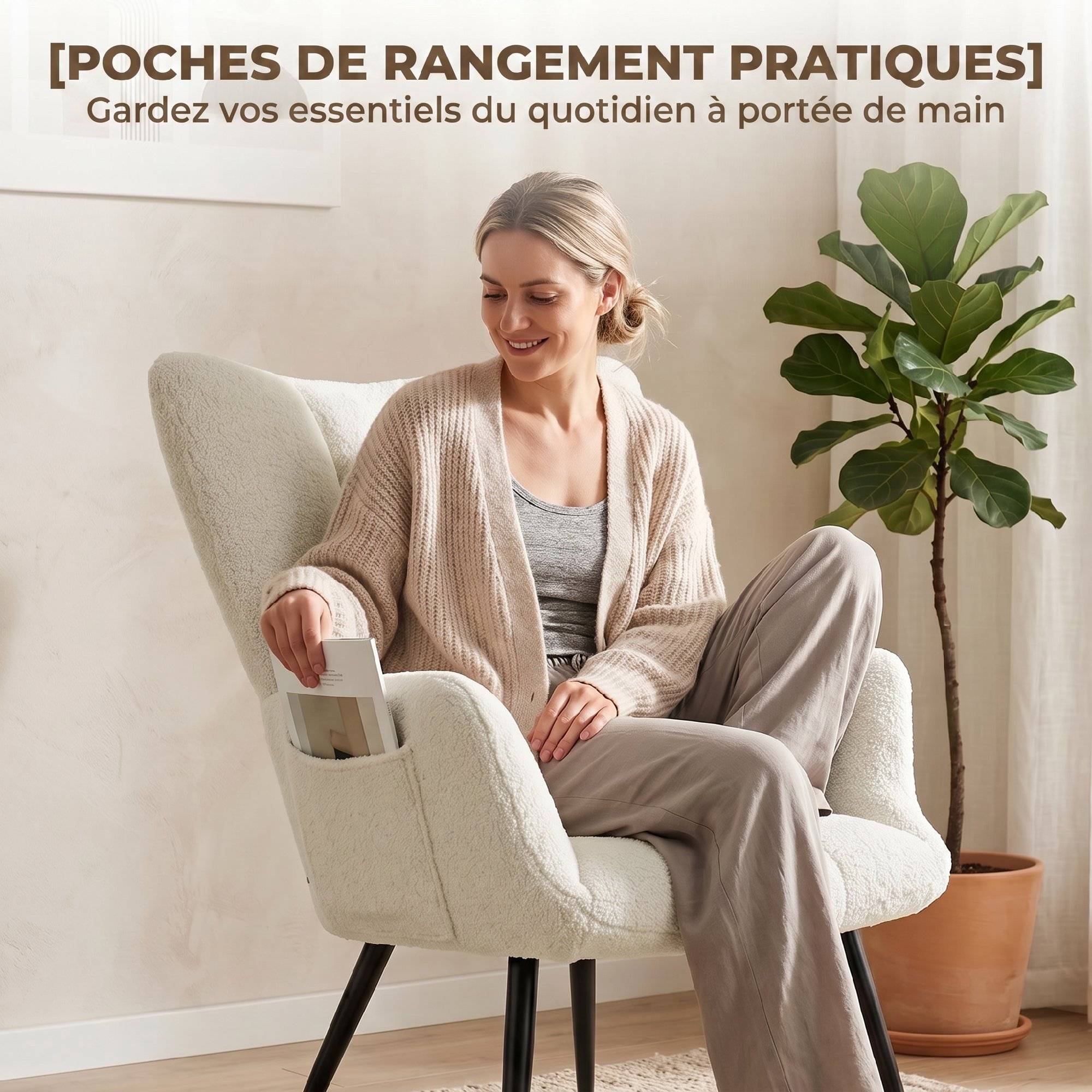 Fauteuil de Salon avec Repose-Pied, Fauteuil d'Appoint Capitonné en Peluche Teddy, Dossier Haut, Poches Latérales, Beige - Image 9
