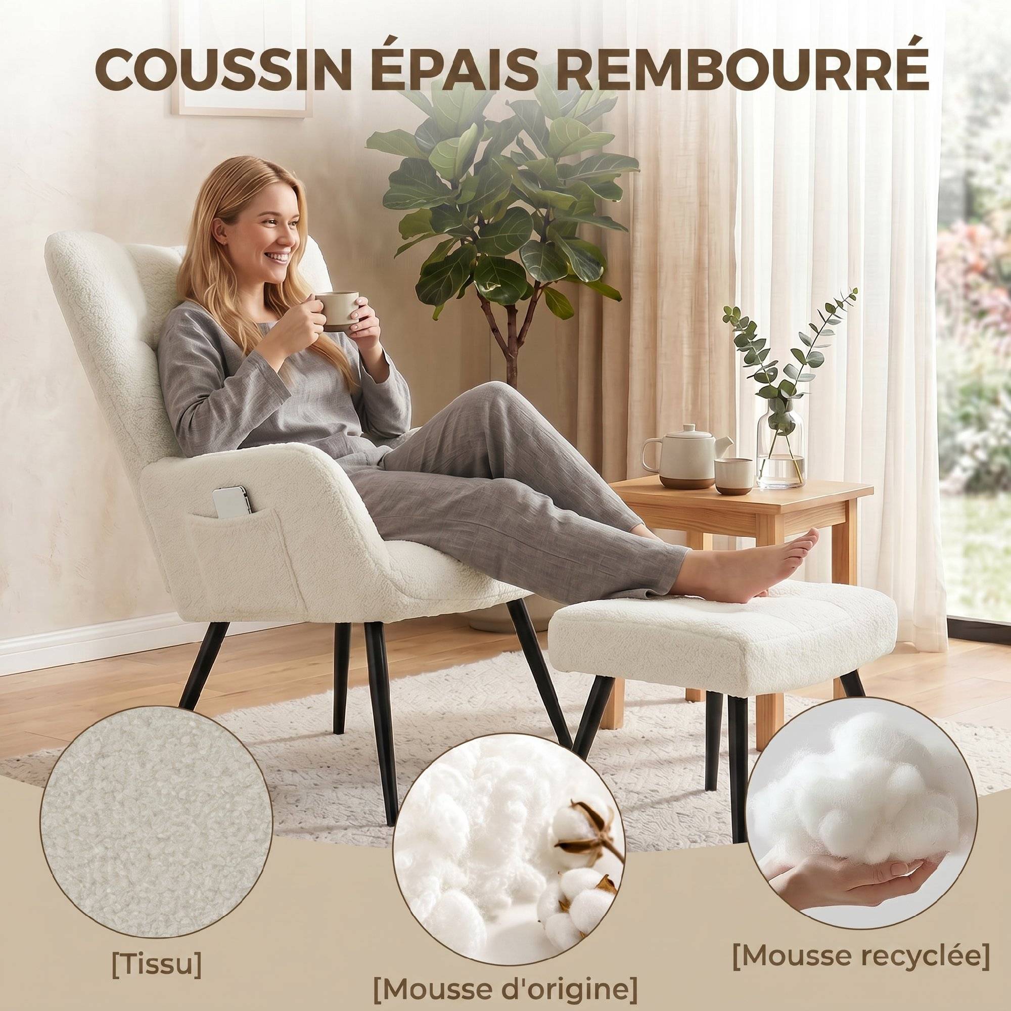 Fauteuil de Salon avec Repose-Pied, Fauteuil d'Appoint Capitonné en Peluche Teddy, Dossier Haut, Poches Latérales, Beige - Image 7