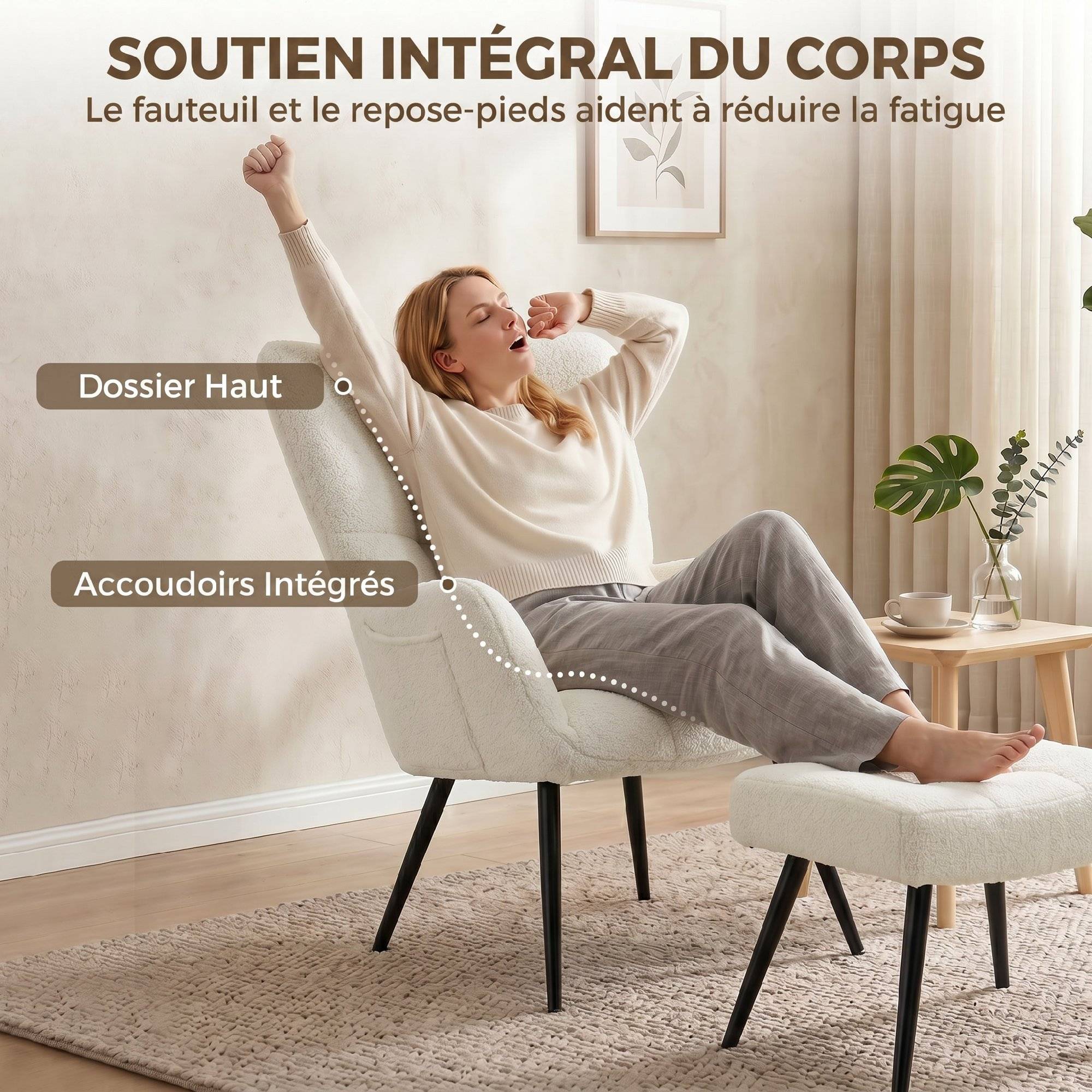 Fauteuil de Salon avec Repose-Pied, Fauteuil d'Appoint Capitonné en Peluche Teddy, Dossier Haut, Poches Latérales, Beige - Image 6