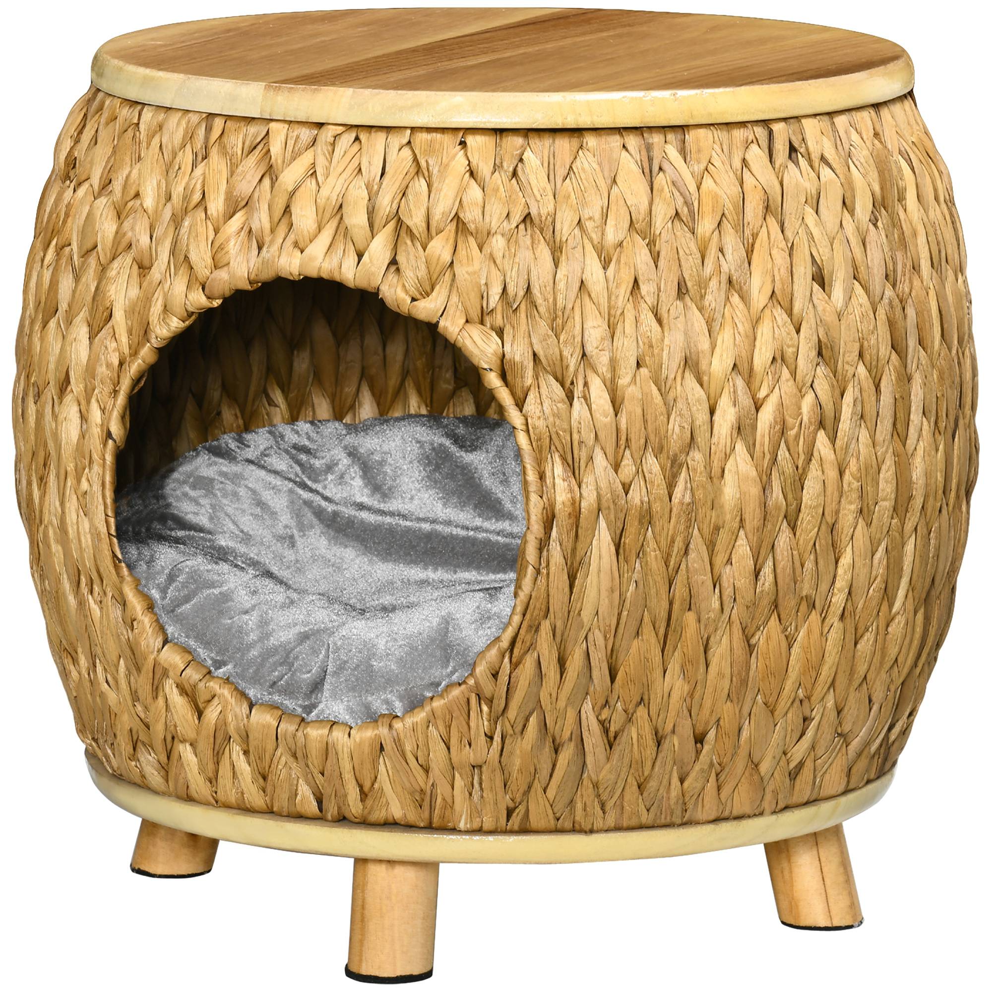 Niche grotte chat en jacinthe d'eau, coussin lavable inclus, 44x43x42 cm, marron clair/naturel/gris - Image 2