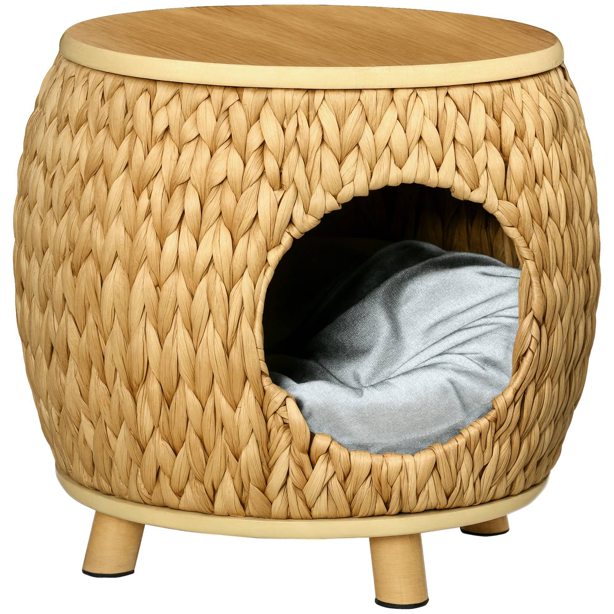 Niche grotte chat en jacinthe d'eau, coussin lavable inclus, 44x43x42 cm, marron clair/naturel/gris - Image 1